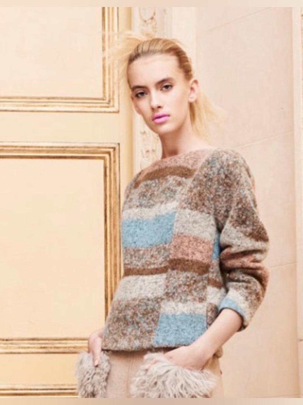 Thakoon Striped Printed Bateau Neck Sweater Pink Blue Multicolor